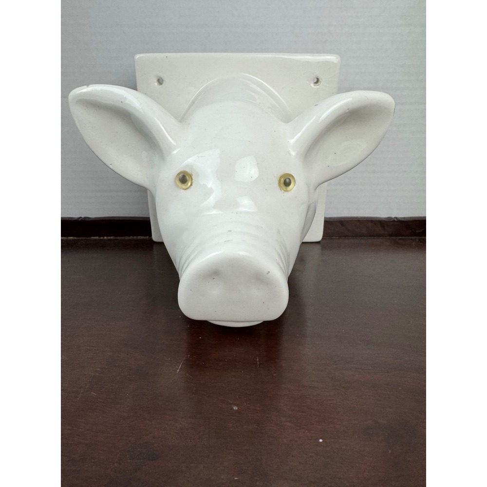 VTG White Ceramic Pig Head Wall Mount Farmhouse Decor Apron Rack Retro Kithen